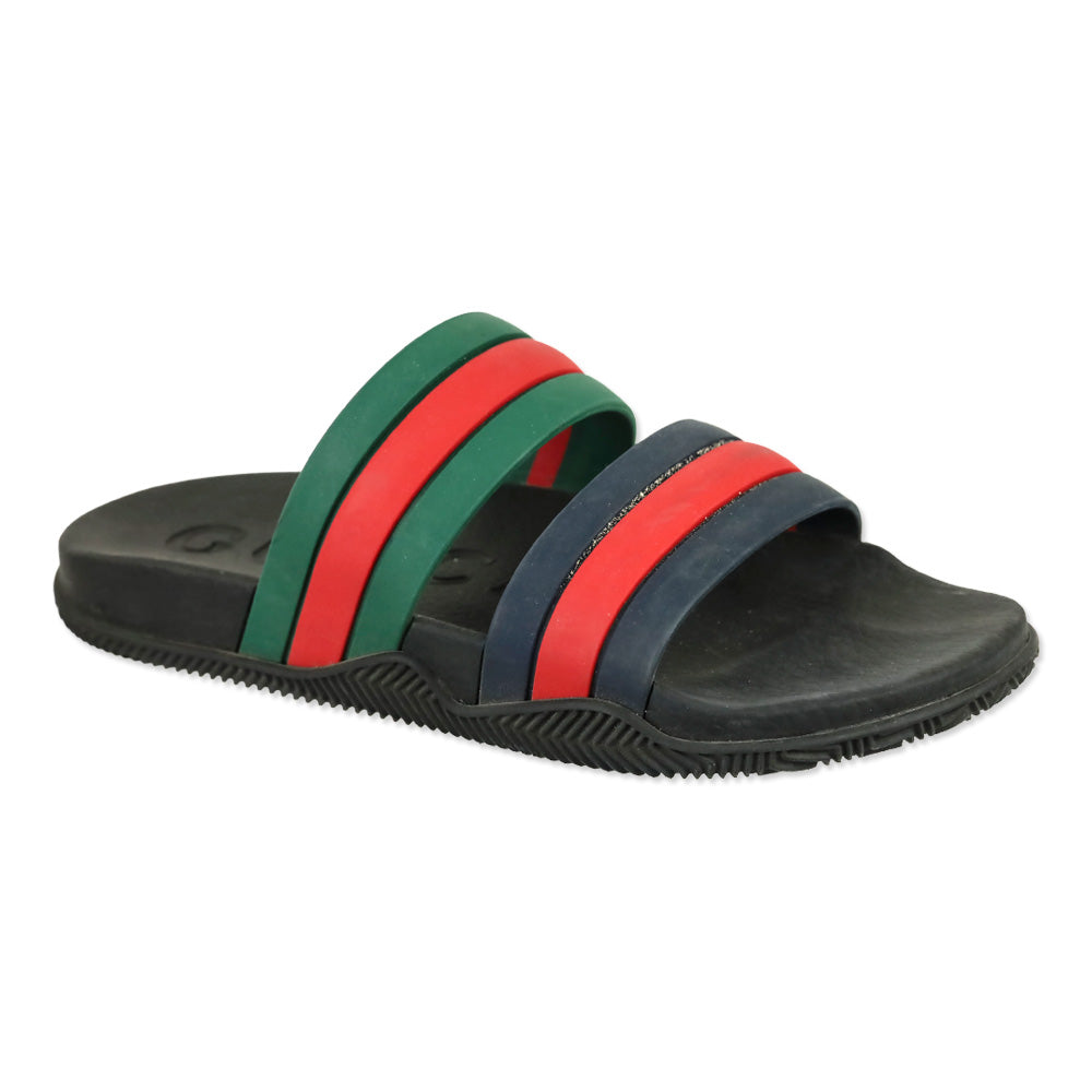 Gucci Agrado Black Web Double Strap Rubber Slides Sandals