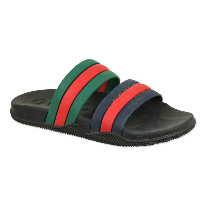 Gucci Agrado Black Web Double Strap Rubber Slides Sandals