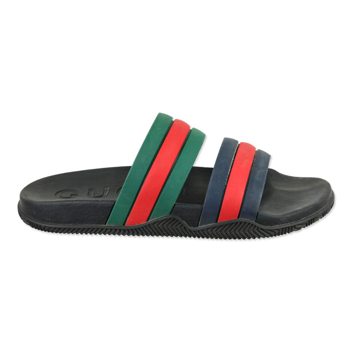 Gucci Agrado Black Web Double Strap Rubber Slides Sandals