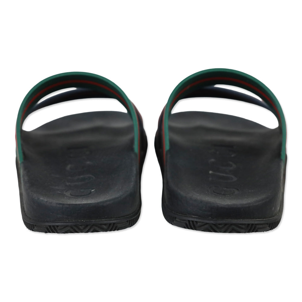 Gucci Agrado Black Web Double Strap Rubber Slides Sandals