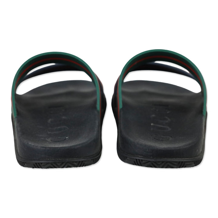 Gucci Agrado Black Web Double Strap Rubber Slides Sandals