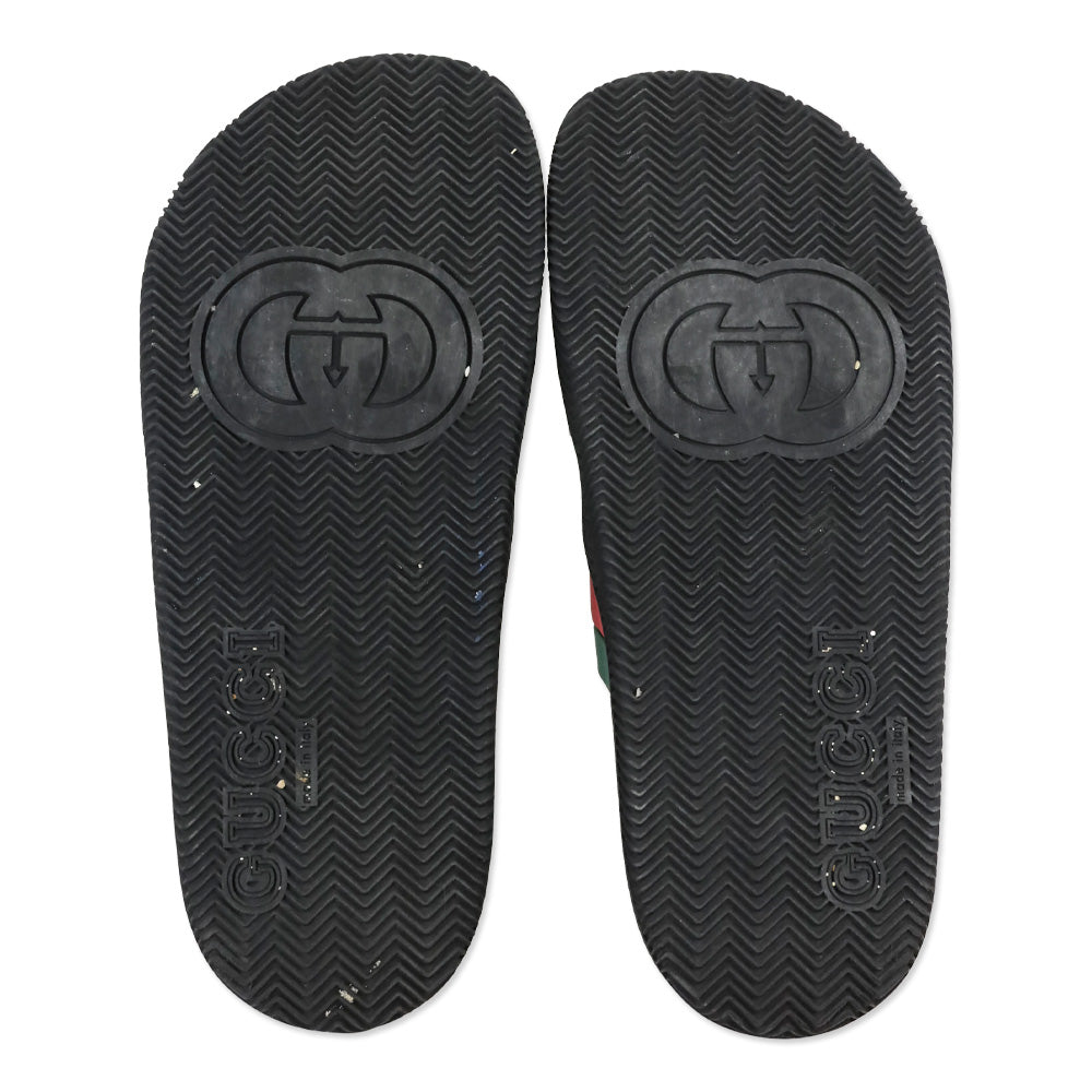 Gucci Agrado Black Web Double Strap Rubber Slides Sandals