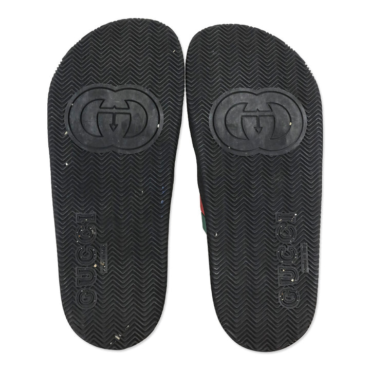 Gucci Agrado Black Web Double Strap Rubber Slides Sandals