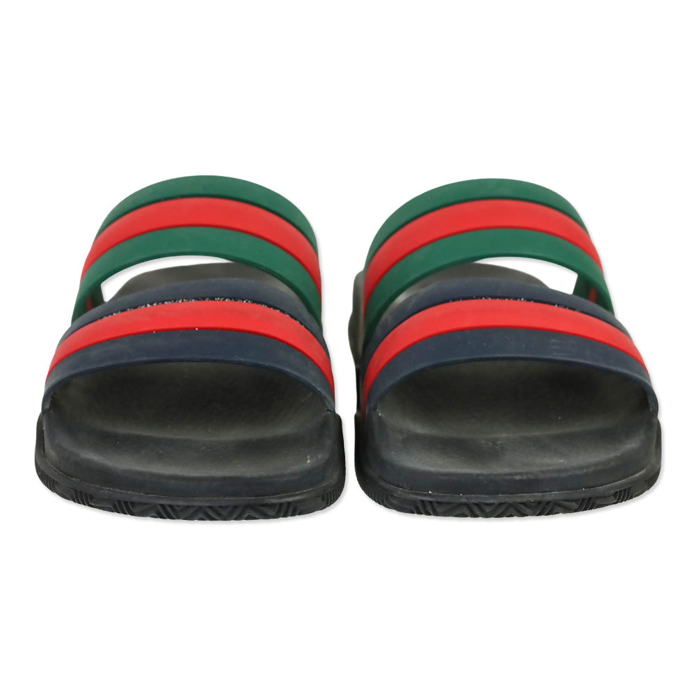 Gucci Agrado Black Web Double Strap Rubber Slides Sandals