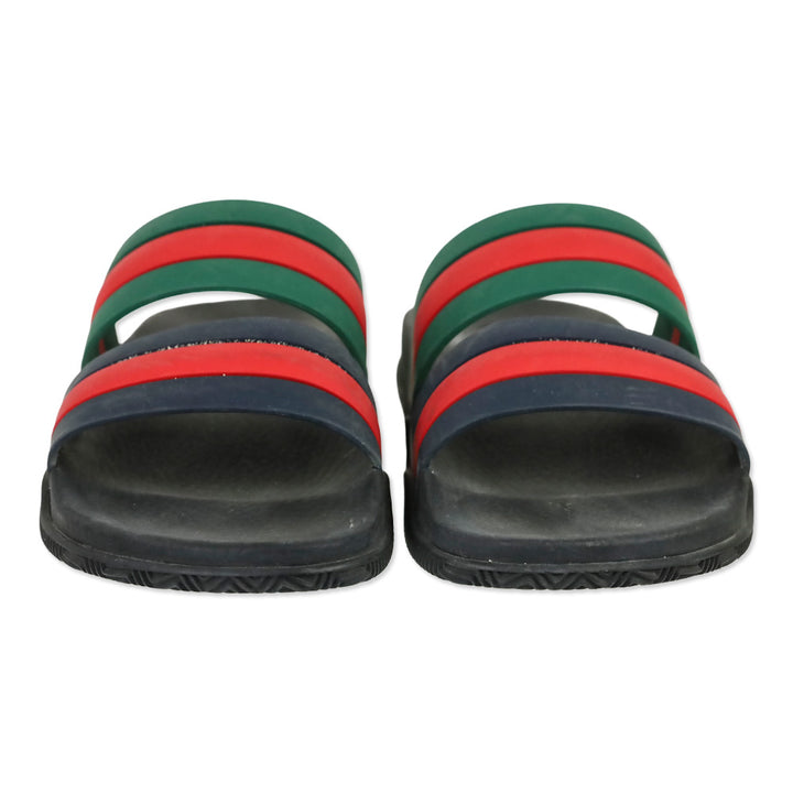 Gucci Agrado Black Web Double Strap Rubber Slides Sandals