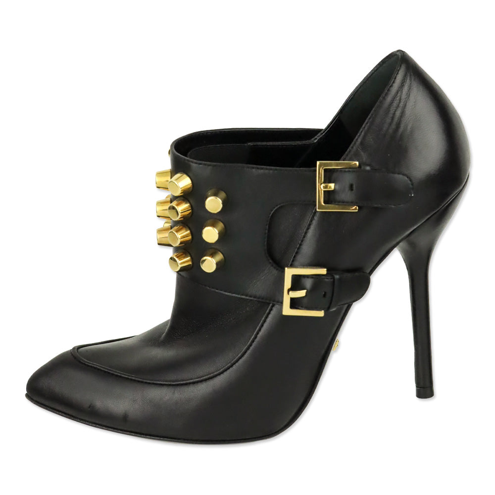 Gucci Alexandra Black Leather Gold Studded Monk-Strap Ankle Bootie