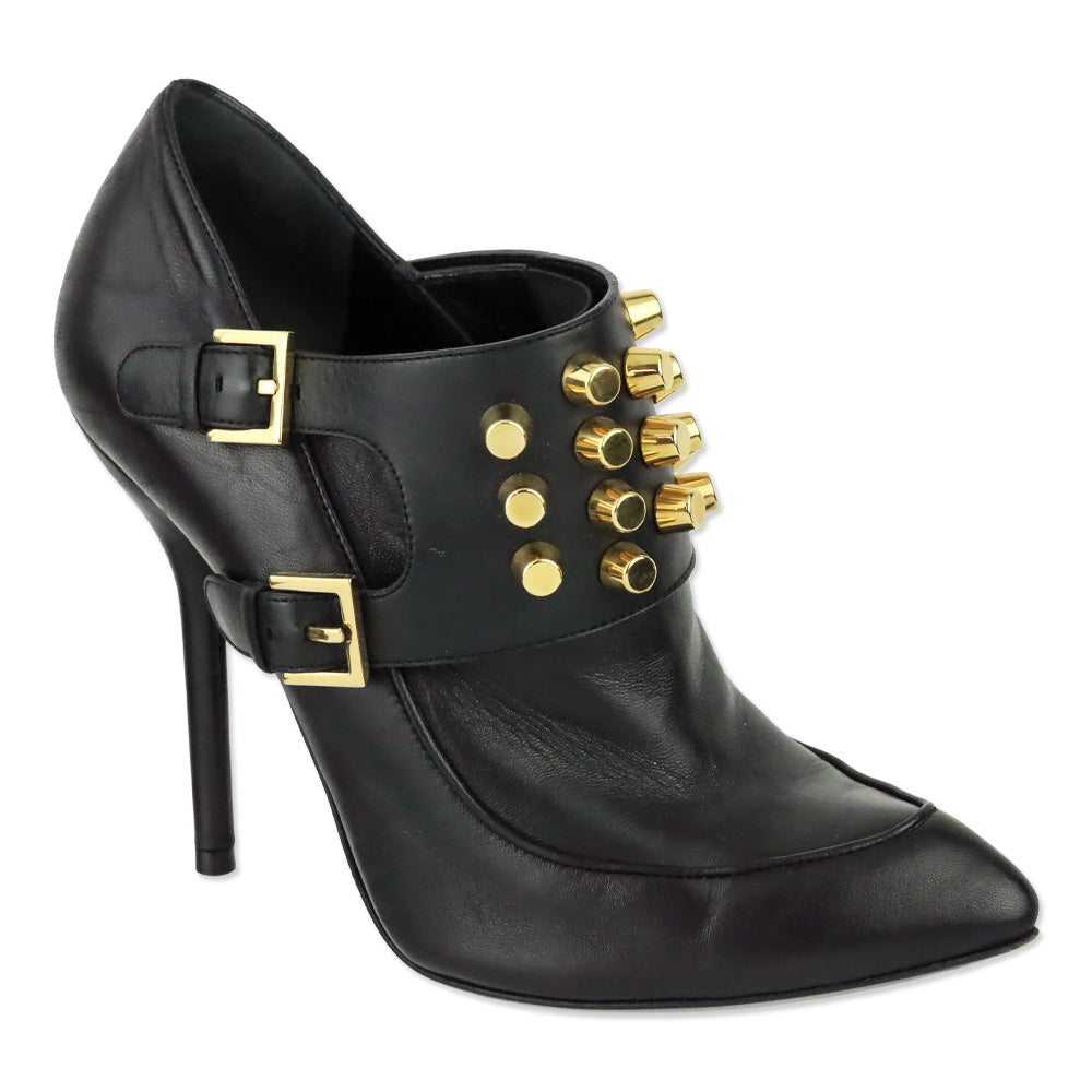 Gucci Alexandra Black Leather Gold Studded Monk-Strap Ankle Bootie