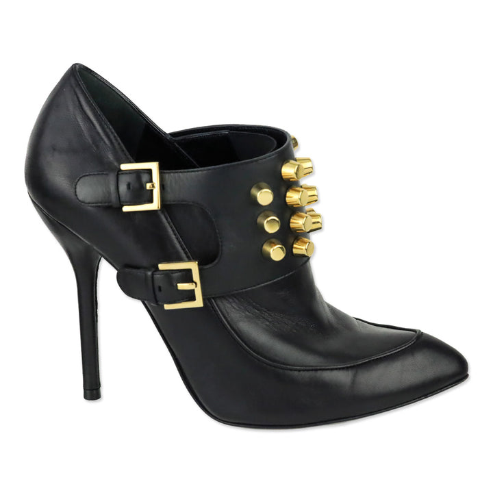 Gucci Alexandra Black Leather Gold Studded Monk-Strap Ankle Bootie