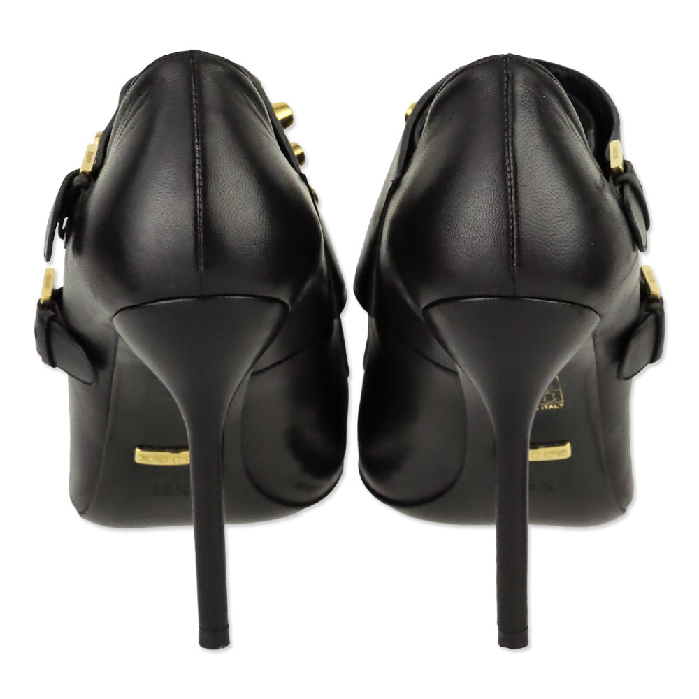 Gucci Alexandra Black Leather Gold Studded Monk-Strap Ankle Bootie