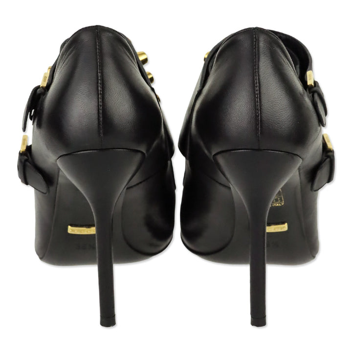 Gucci Alexandra Black Leather Gold Studded Monk-Strap Ankle Bootie
