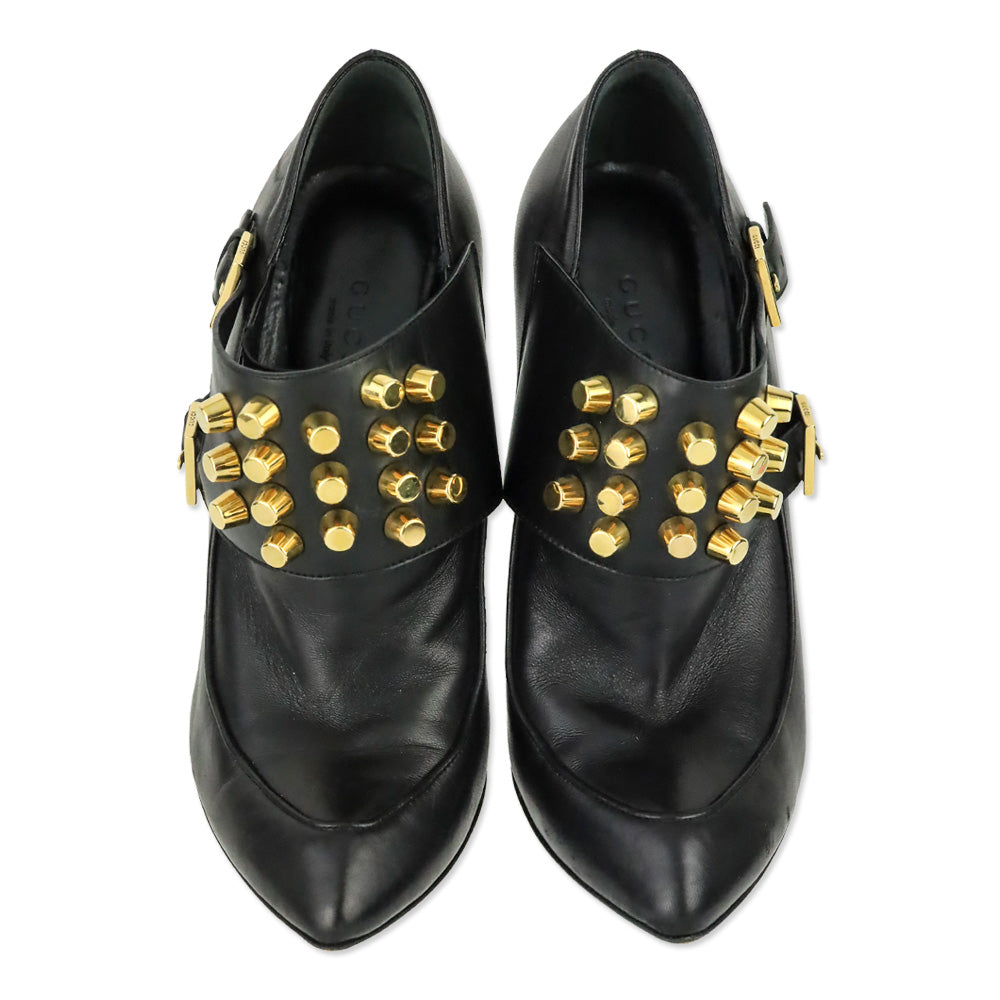 Gucci Alexandra Black Leather Gold Studded Monk-Strap Ankle Bootie