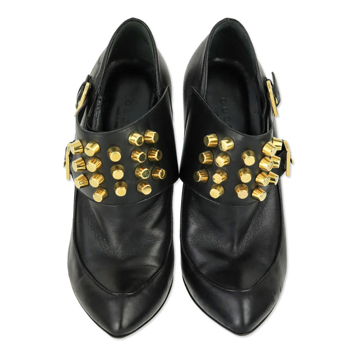 Gucci Alexandra Black Leather Gold Studded Monk-Strap Ankle Bootie