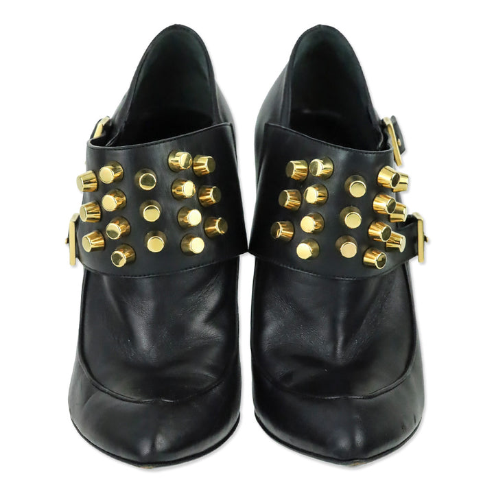 Gucci Alexandra Black Leather Gold Studded Monk-Strap Ankle Bootie