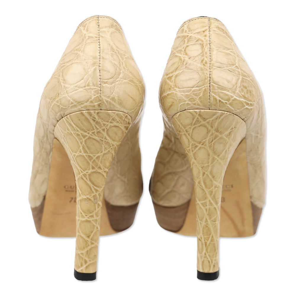 Gucci Beige Croc Leather Horsebit Peep Toe Pump