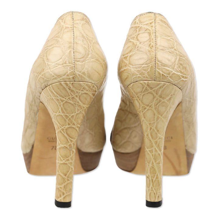Gucci Beige Croc Leather Horsebit Peep Toe Pump