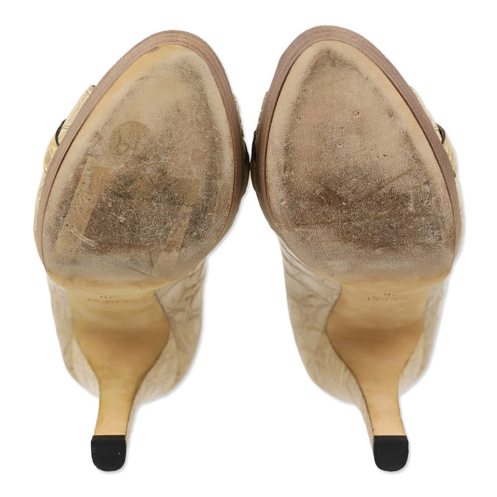 Gucci Beige Croc Leather Horsebit Peep Toe Pump
