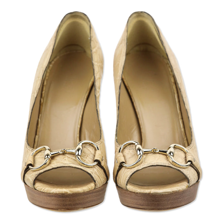 Gucci Beige Croc Leather Horsebit Peep Toe Pump