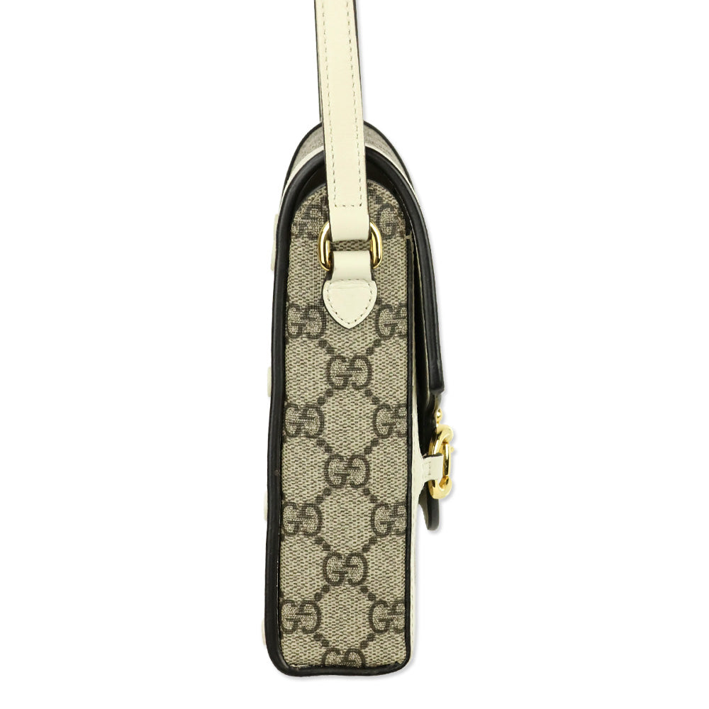 Gucci Beige Ebony GG Supreme Canvas White Leather Horsebit 1955 Mini Bag
