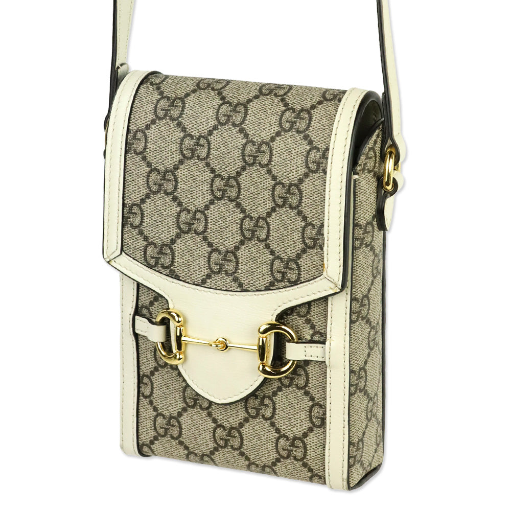 Gucci Beige Ebony GG Supreme Canvas White Leather Horsebit 1955 Mini Bag