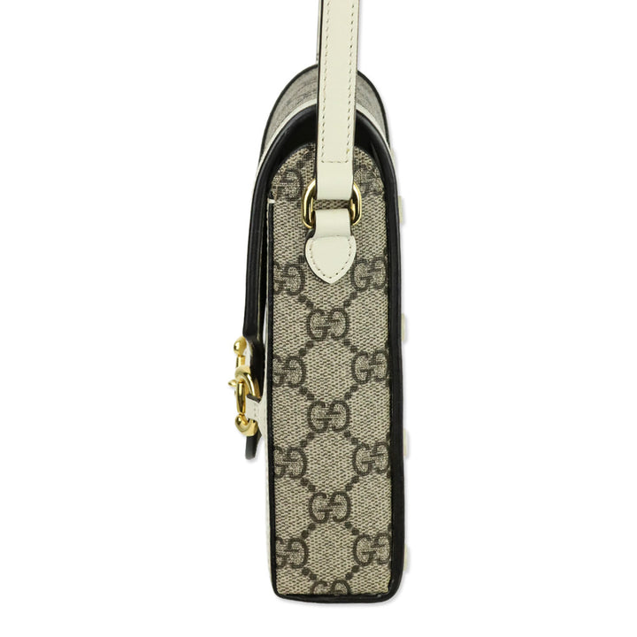 Gucci Beige Ebony GG Supreme Canvas White Leather Horsebit 1955 Mini Bag