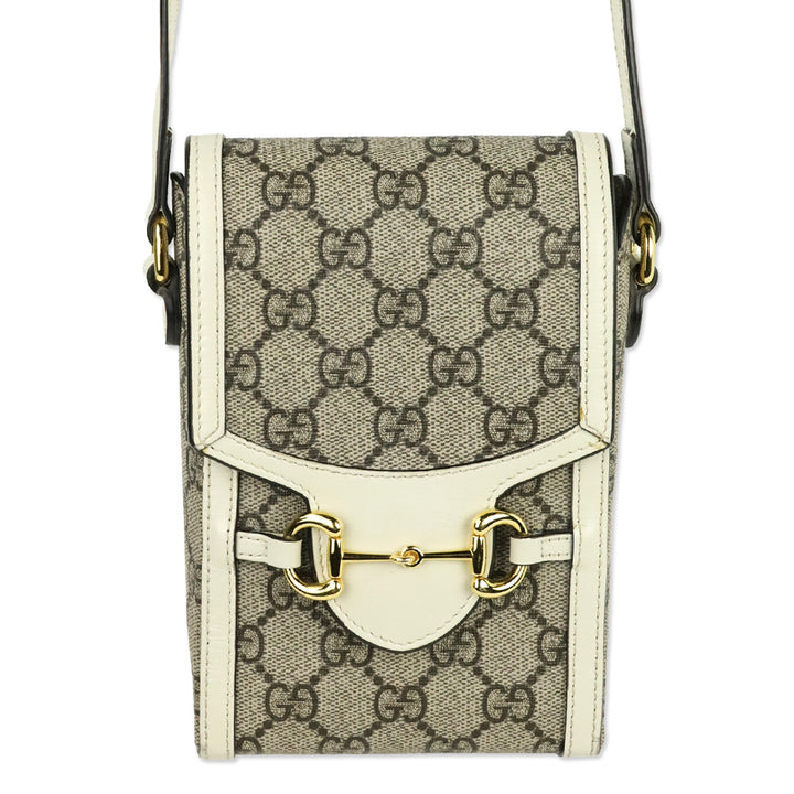 Gucci Beige Ebony GG Supreme Canvas White Leather Horsebit 1955 Mini Bag