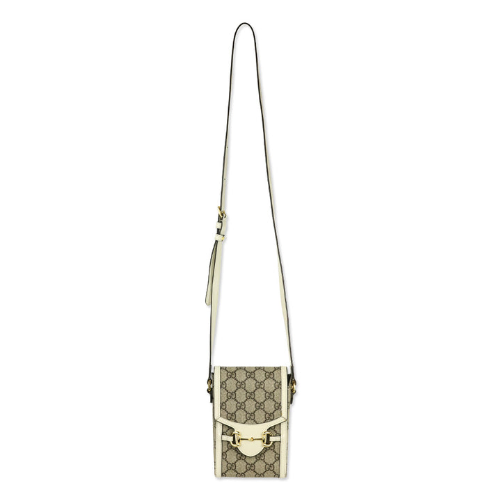 Gucci Beige Ebony GG Supreme Canvas White Leather Horsebit 1955 Mini Bag