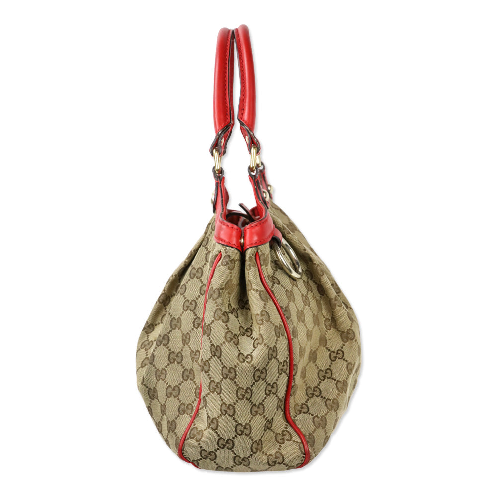 Gucci Beige GG Canvas Red Leather Medium Sukey Tote