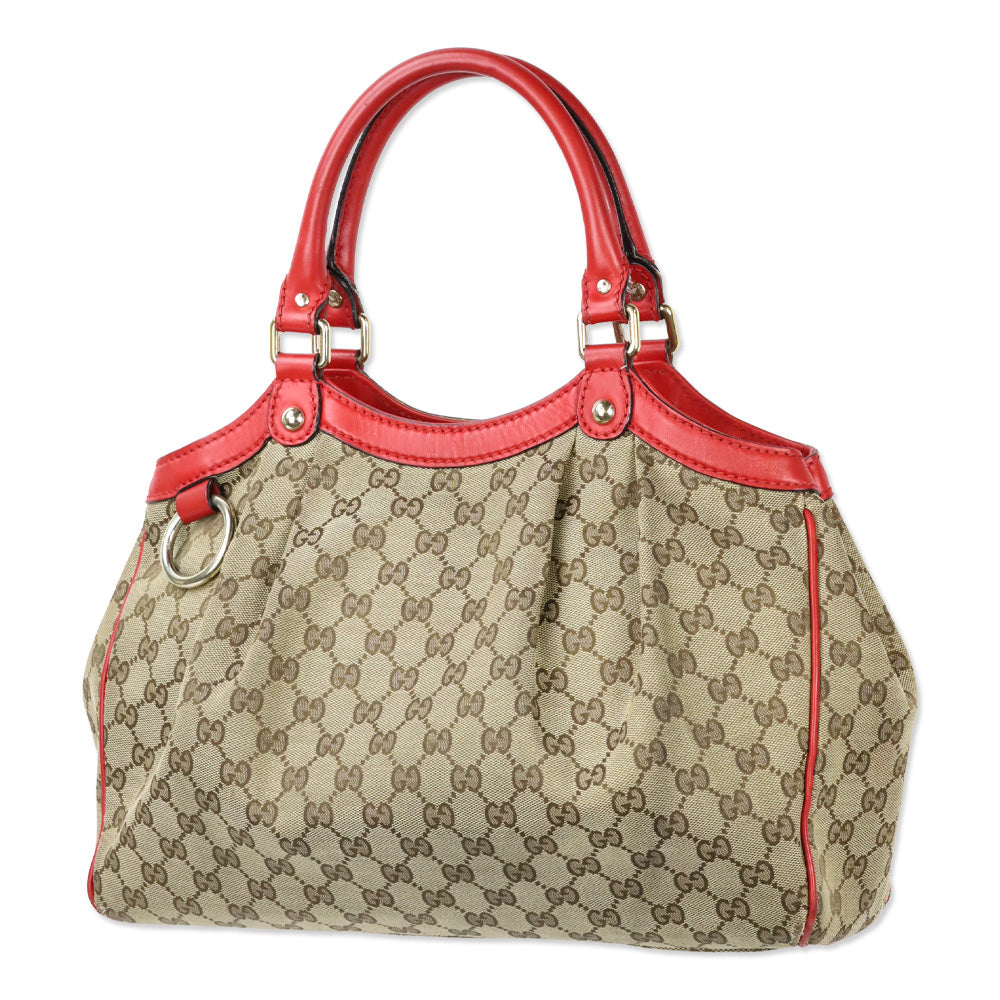 Gucci Beige GG Canvas Red Leather Medium Sukey Tote