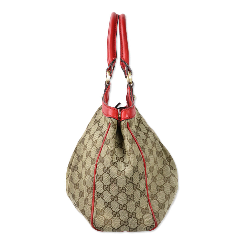 Gucci Beige GG Canvas Red Leather Medium Sukey Tote
