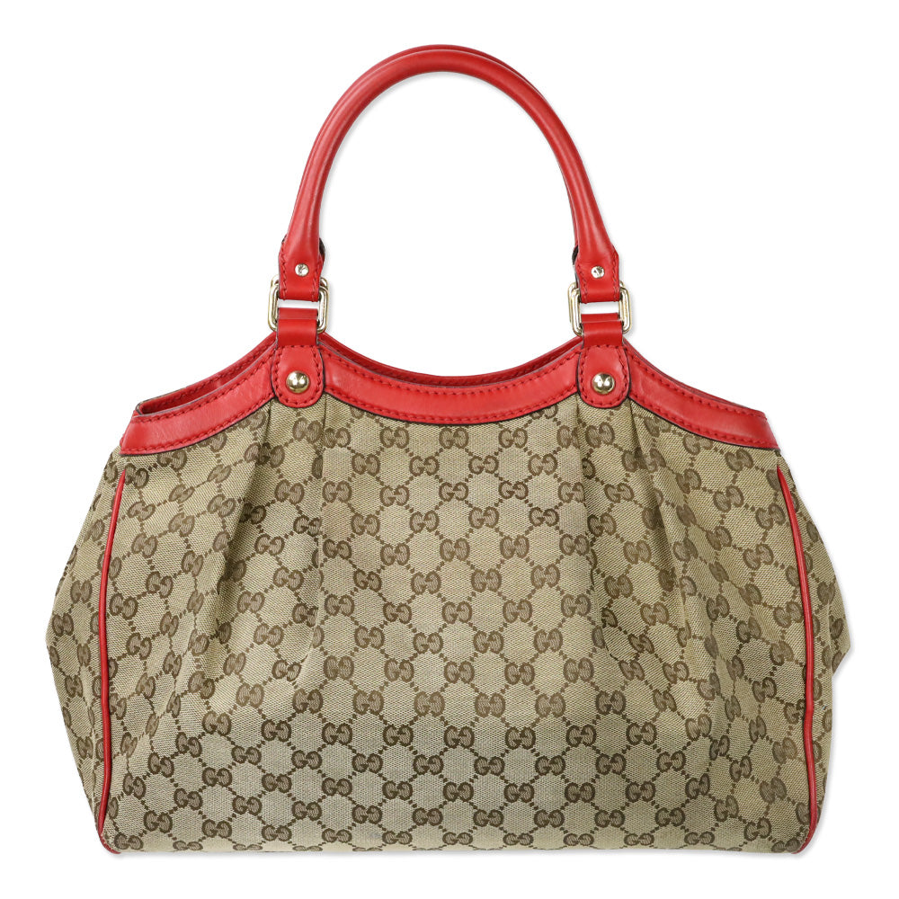 Gucci Beige GG Canvas Red Leather Medium Sukey Tote