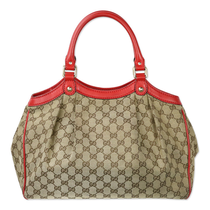 Gucci Beige GG Canvas Red Leather Medium Sukey Tote