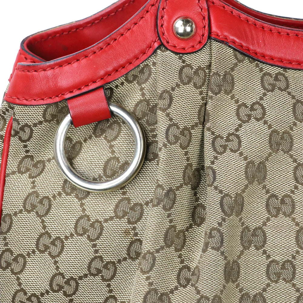 Gucci Beige GG Canvas Red Leather Medium Sukey Tote