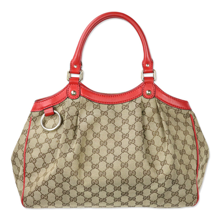 Gucci Beige GG Canvas Red Leather Medium Sukey Tote