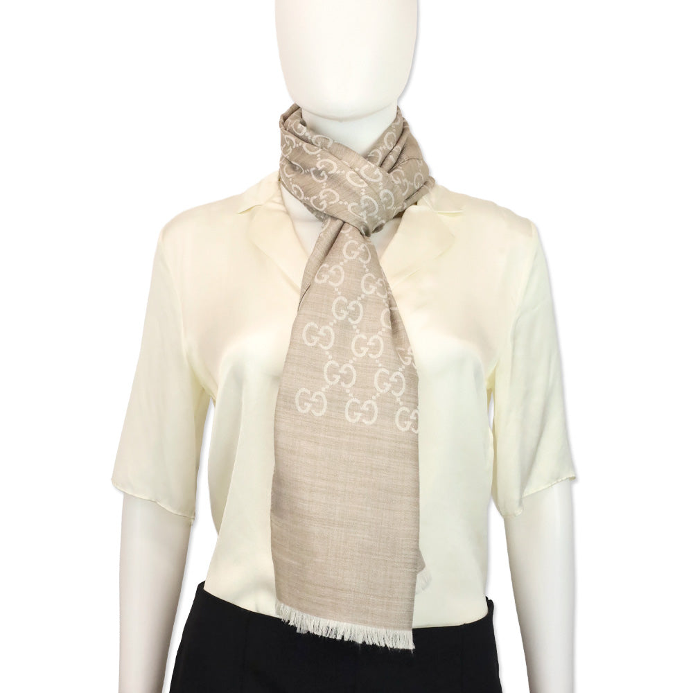 Gucci Beige GG Wool Silk Jacquard Scarf