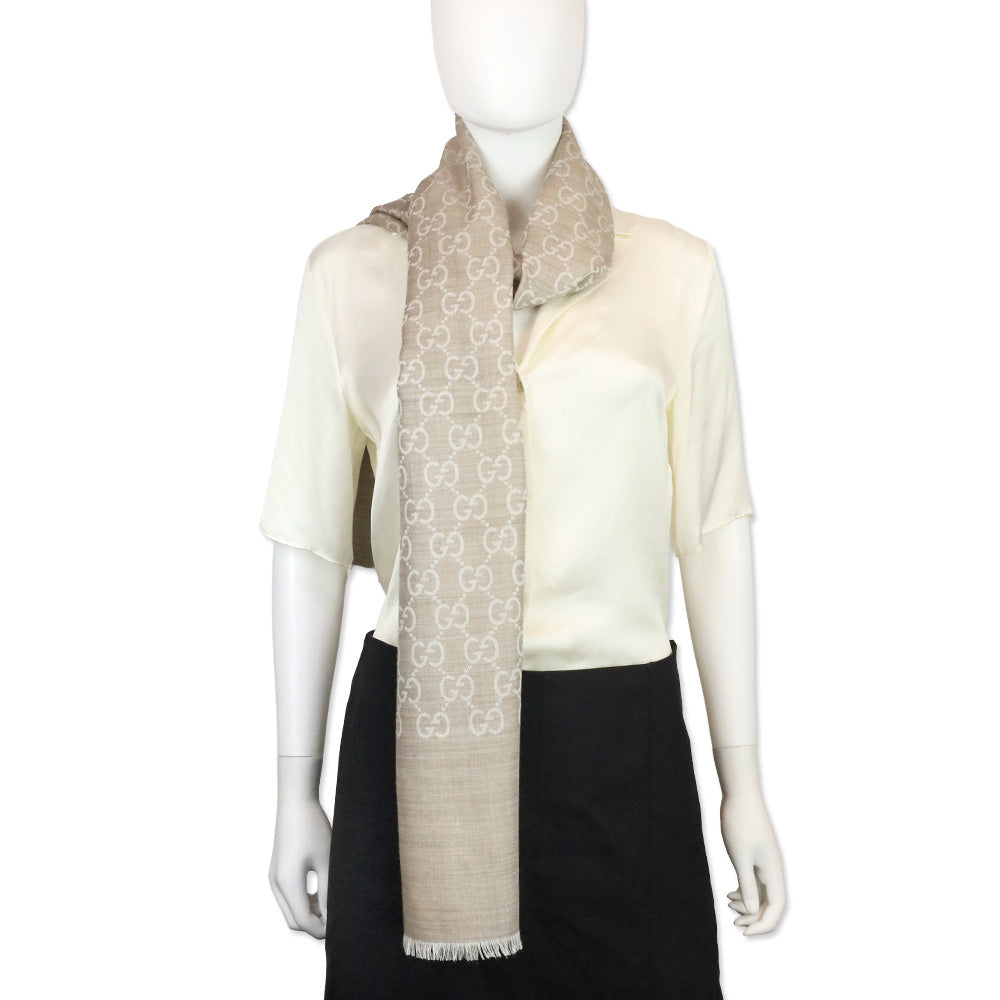 Gucci Beige GG Wool Silk Jacquard Scarf
