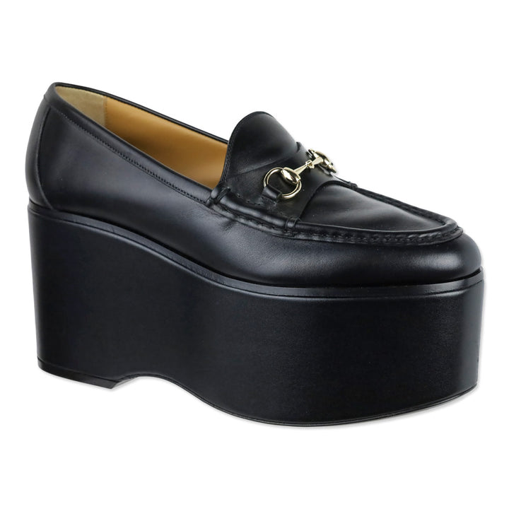 Gucci Black Ancora Calfskin Horsebit Platforms Loafers