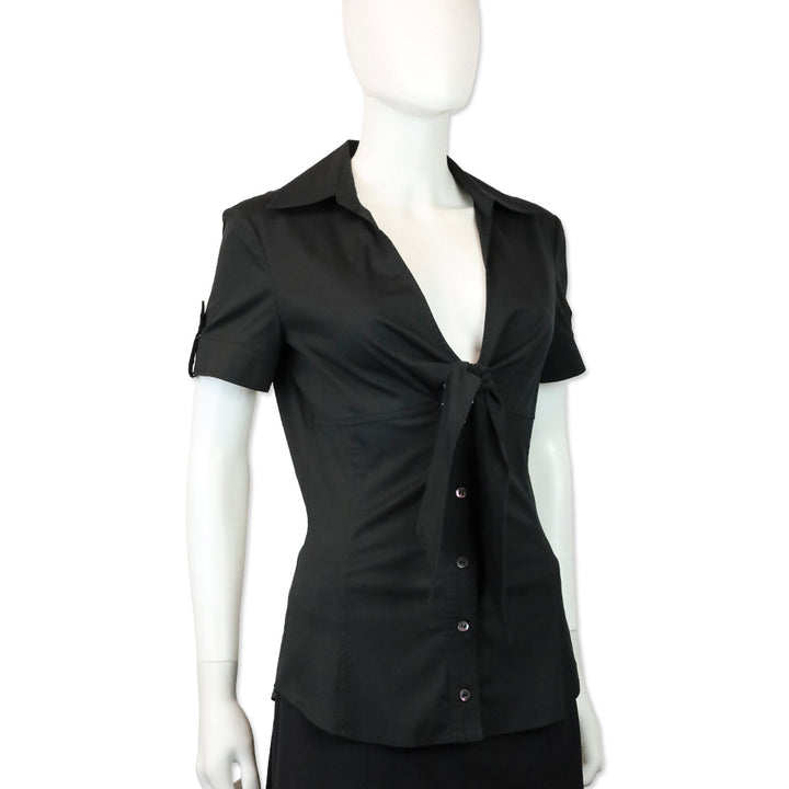 Gucci Black Bow V-Neck Short Sleeve Button Up Top