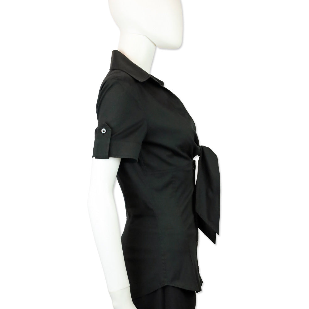 Gucci Black Bow V-Neck Short Sleeve Button Up Top