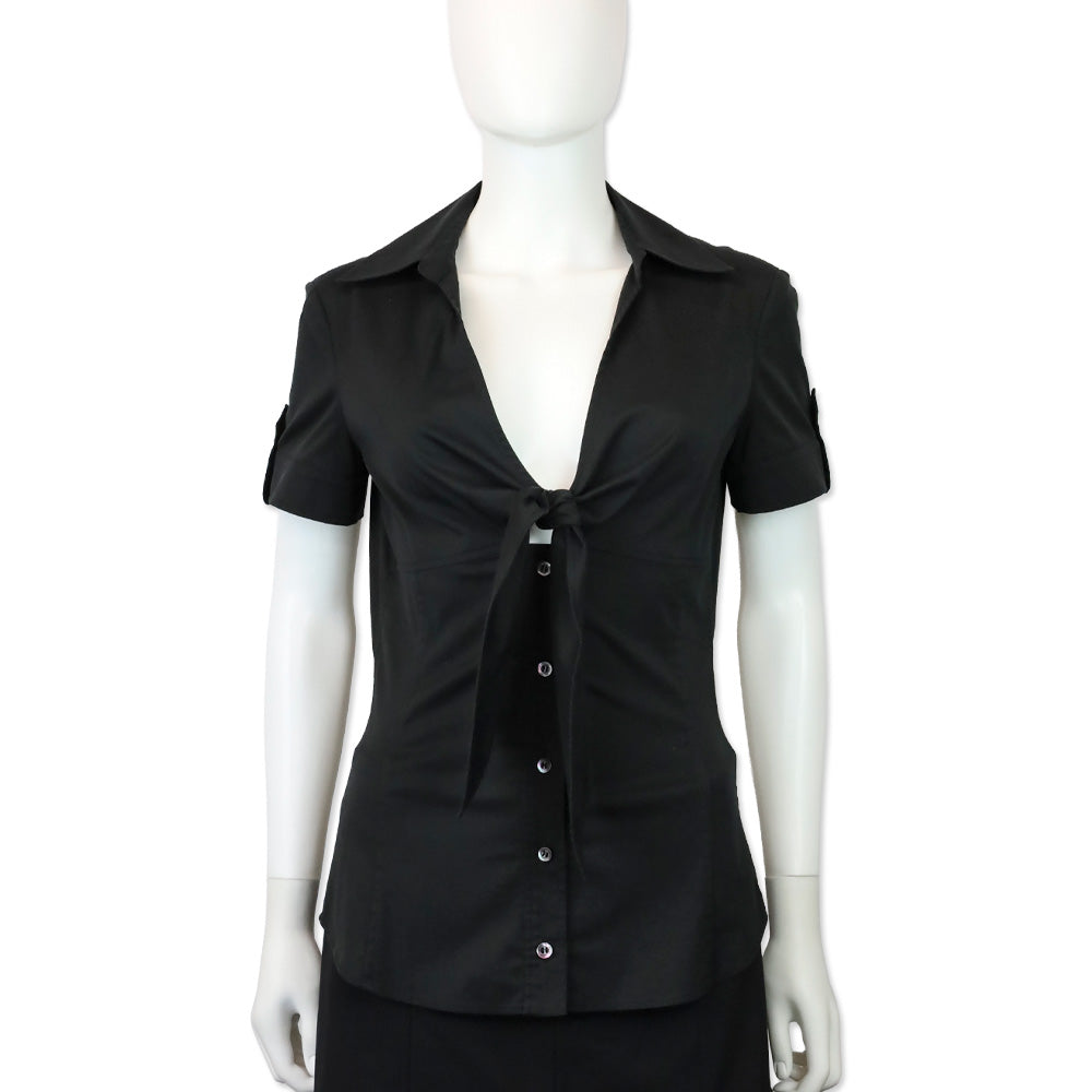 Gucci Black Bow V-Neck Short Sleeve Button Up Top