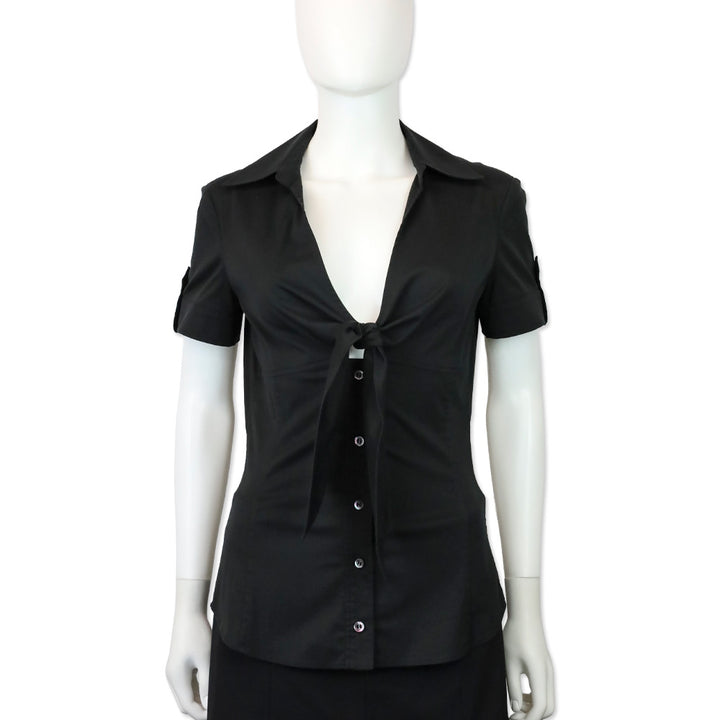 Gucci Black Bow V-Neck Short Sleeve Button Up Top