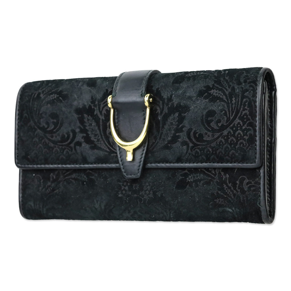 Gucci Black Brocade Suede Leather Soft Stirrup Bi-fold Long Wallet