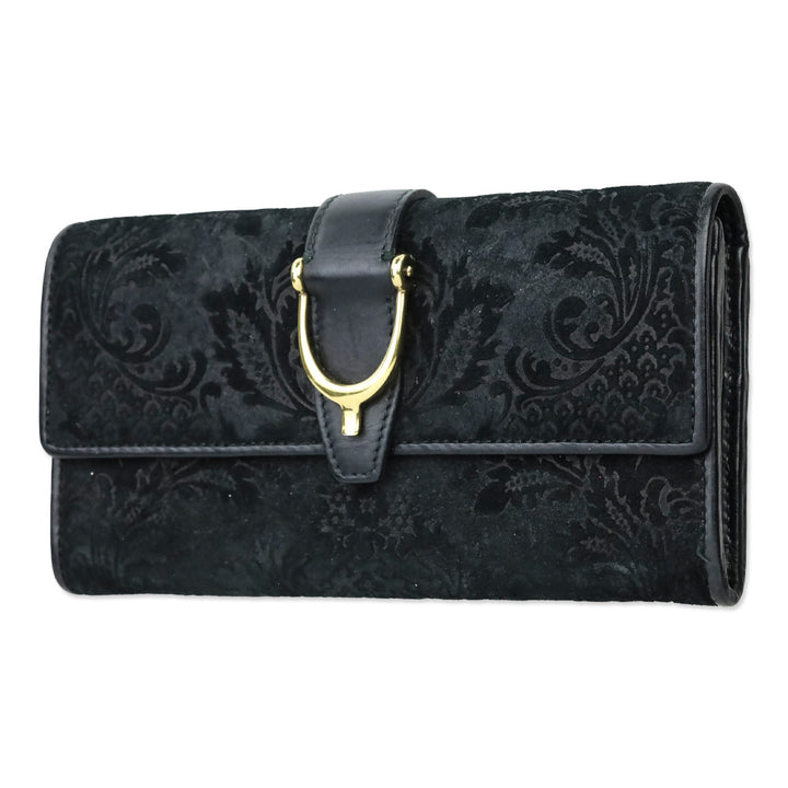 Gucci Black Brocade Suede Leather Soft Stirrup Bi-fold Long Wallet