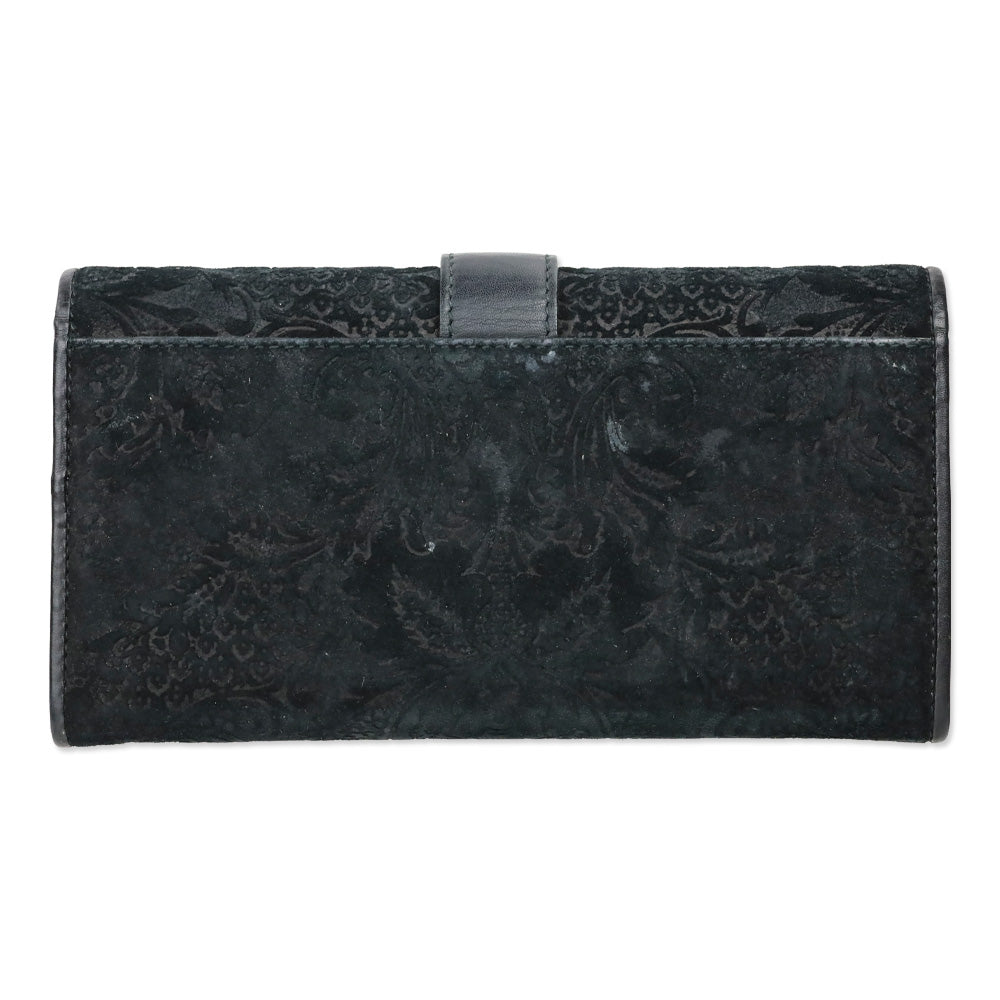 Gucci Black Brocade Suede Leather Soft Stirrup Bi-fold Long Wallet