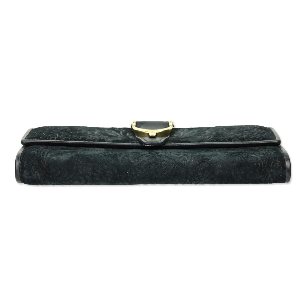 Gucci Black Brocade Suede Leather Soft Stirrup Bi-fold Long Wallet