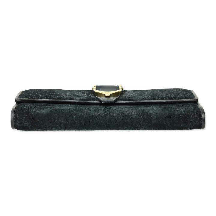 Gucci Black Brocade Suede Leather Soft Stirrup Bi-fold Long Wallet