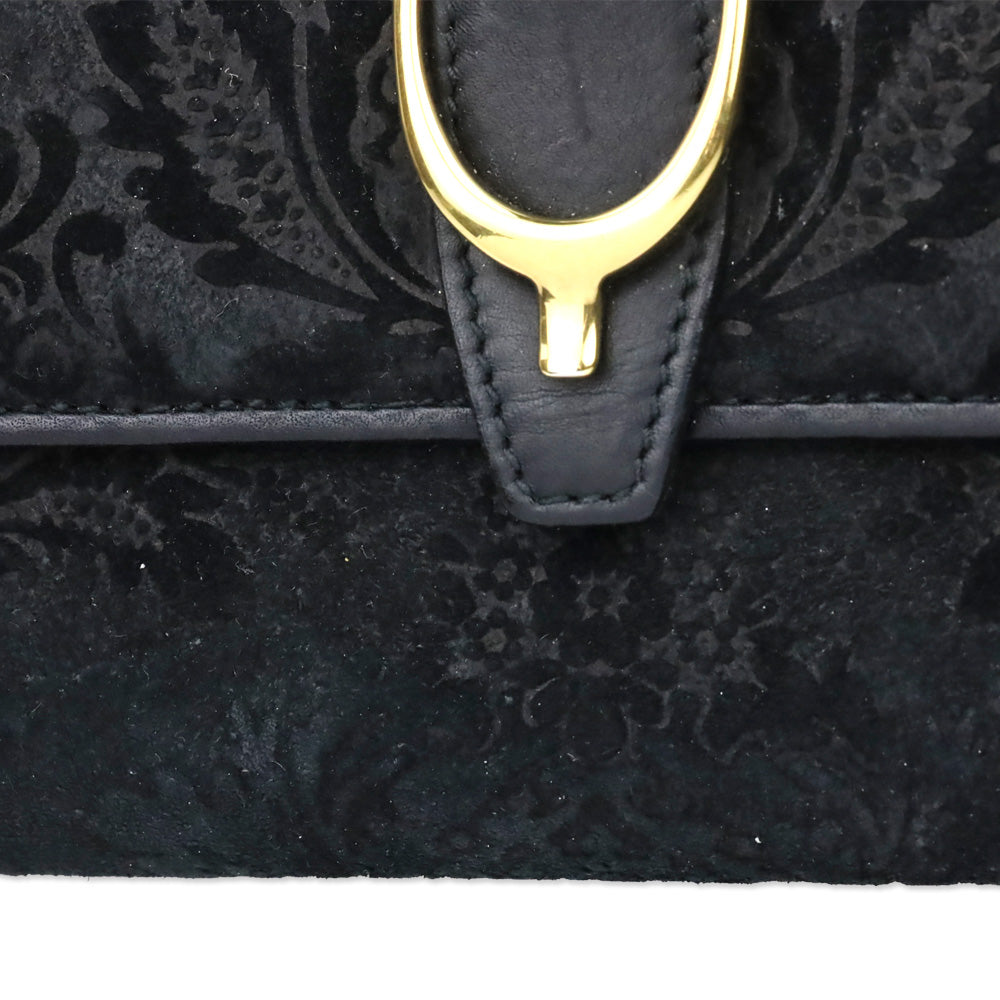 Gucci Black Brocade Suede Leather Soft Stirrup Bi-fold Long Wallet