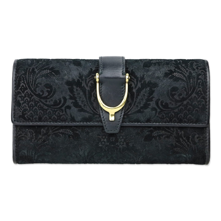 Gucci Black Brocade Suede Leather Soft Stirrup Bi-fold Long Wallet