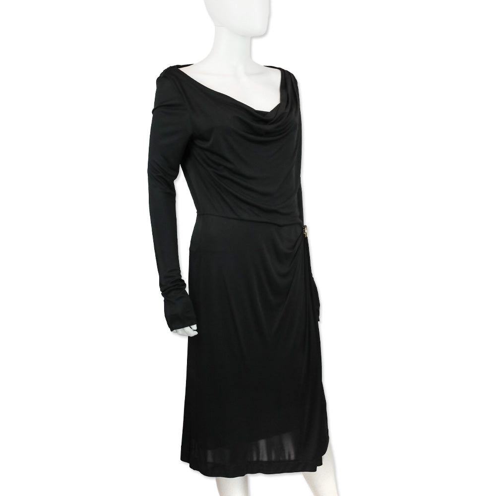 Gucci Black Cowl Neck Long Sleeve Dress with Horse Neck G Buckle Accent