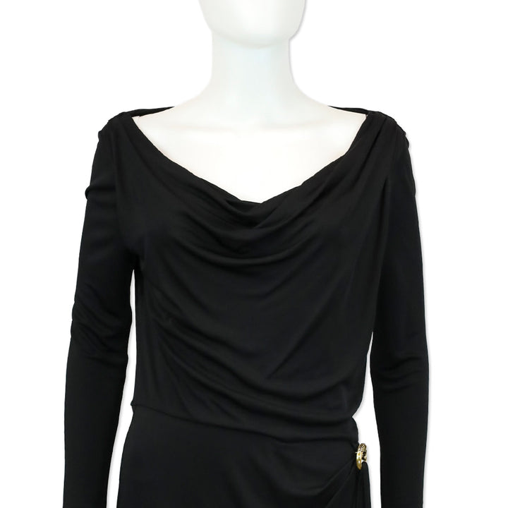 Gucci Black Cowl Neck Long Sleeve Dress with Horse Neck G Buckle Accent