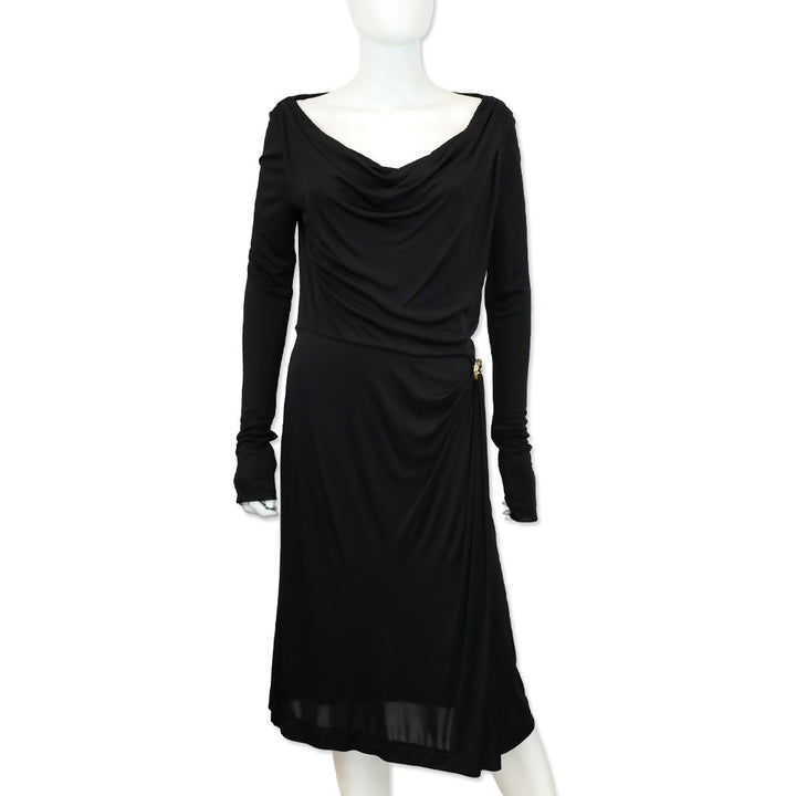 Gucci Black Cowl Neck Long Sleeve Dress with Horse Neck G Buckle Accent